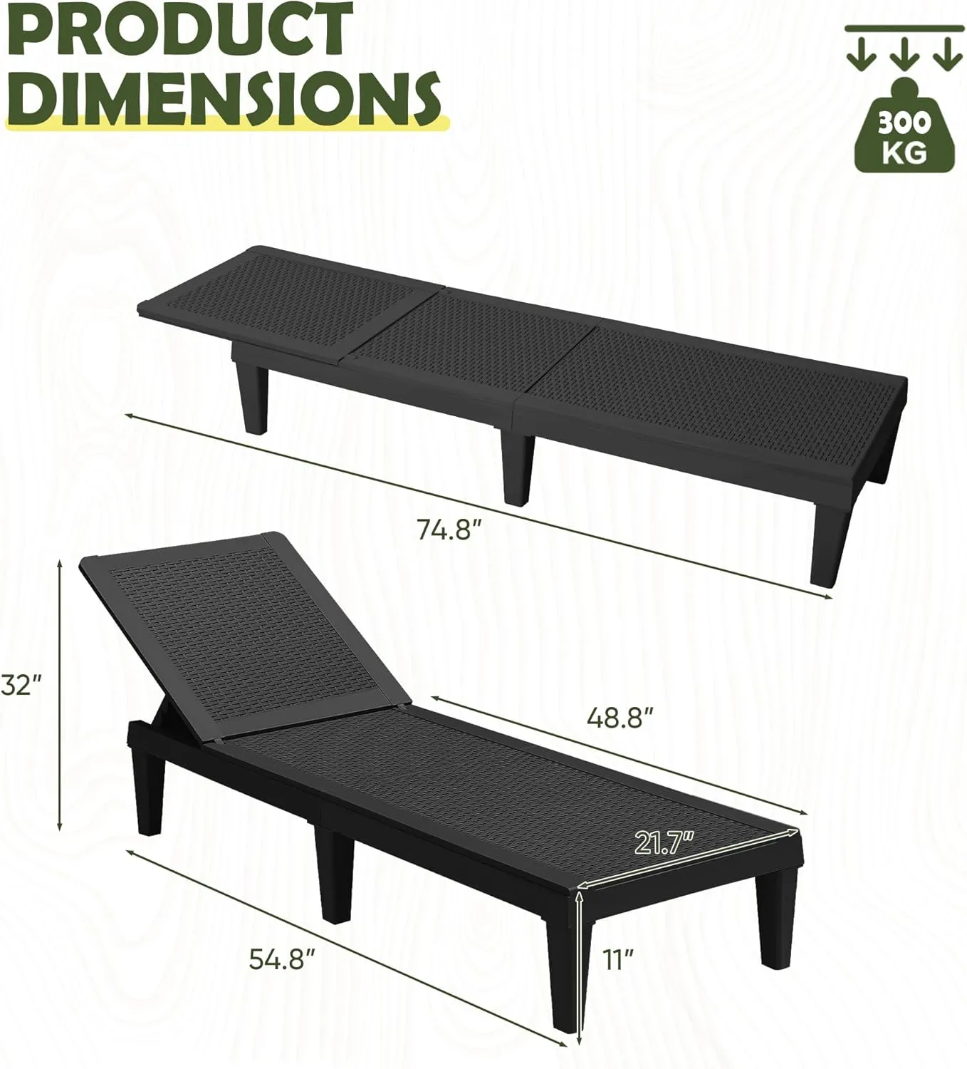 Devoko Outdoor Chaise Lounge Chair Set of 2 for Outside Pool Patio, Adjustable Waterproof Easy Assembly Chaise Lounge Outdoor (Black, Set of 2)