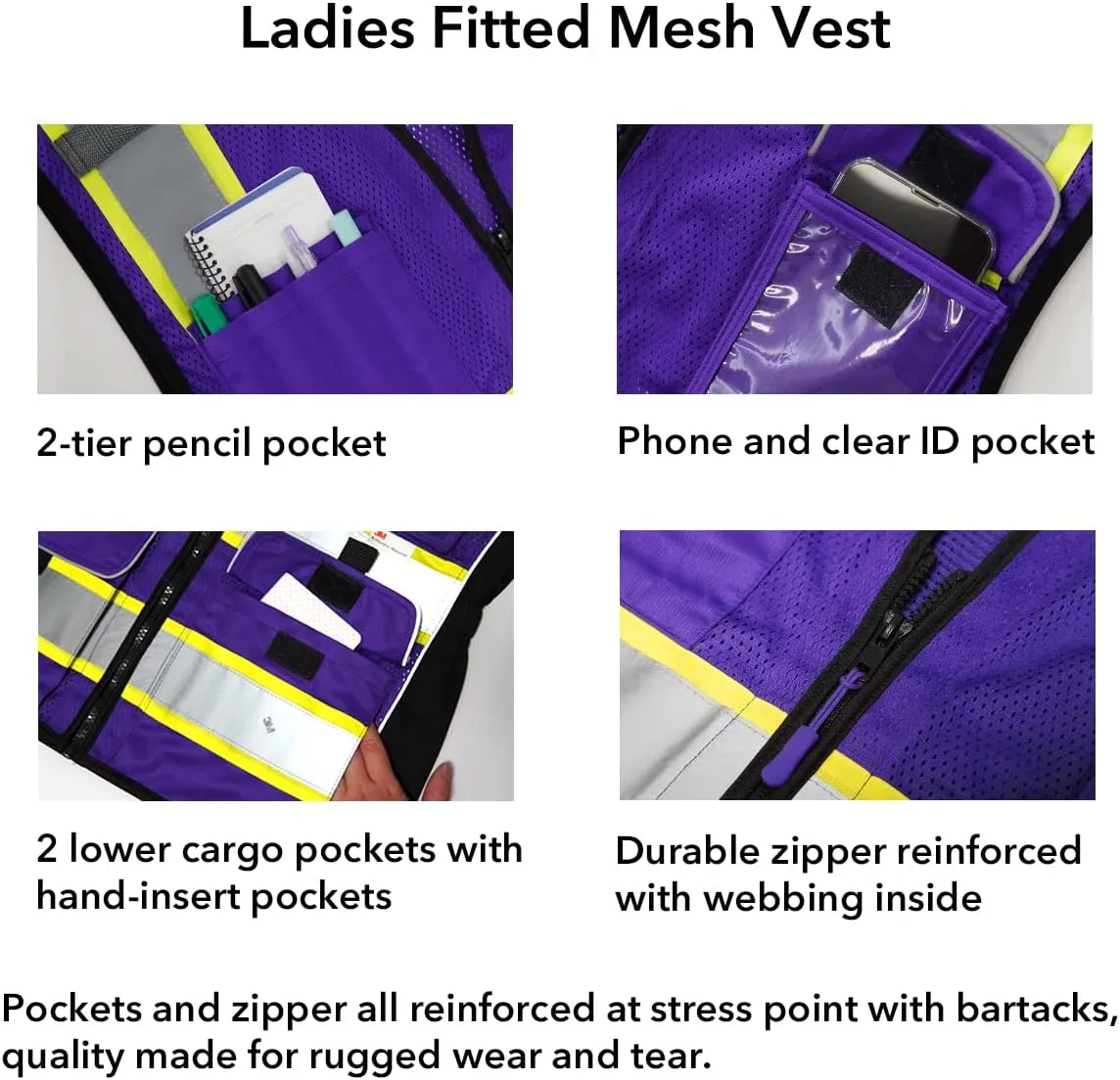 Dib Safety Vest for Women with Pockets, Mesh Reflective Vest High Visibility, ANSI Class 2 Made with 3M Reflective Tape, Purple M