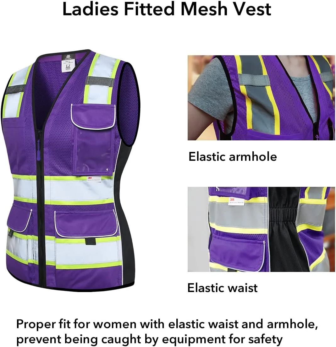 Dib Safety Vest for Women with Pockets, Mesh Reflective Vest High Visibility, ANSI Class 2 Made with 3M Reflective Tape, Purple M