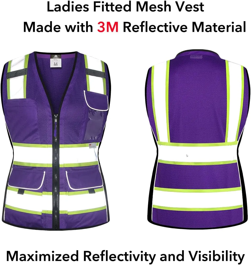 Dib Safety Vest for Women with Pockets, Mesh Reflective Vest High Visibility, ANSI Class 2 Made with 3M Reflective Tape, Purple M