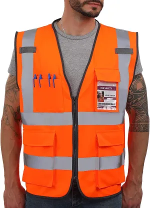 Dib Safety Vest Reflective ANSI Class 2, High Visibility Vest with Pockets and Zipper, Construction Work Vest Hi Vis Orange M