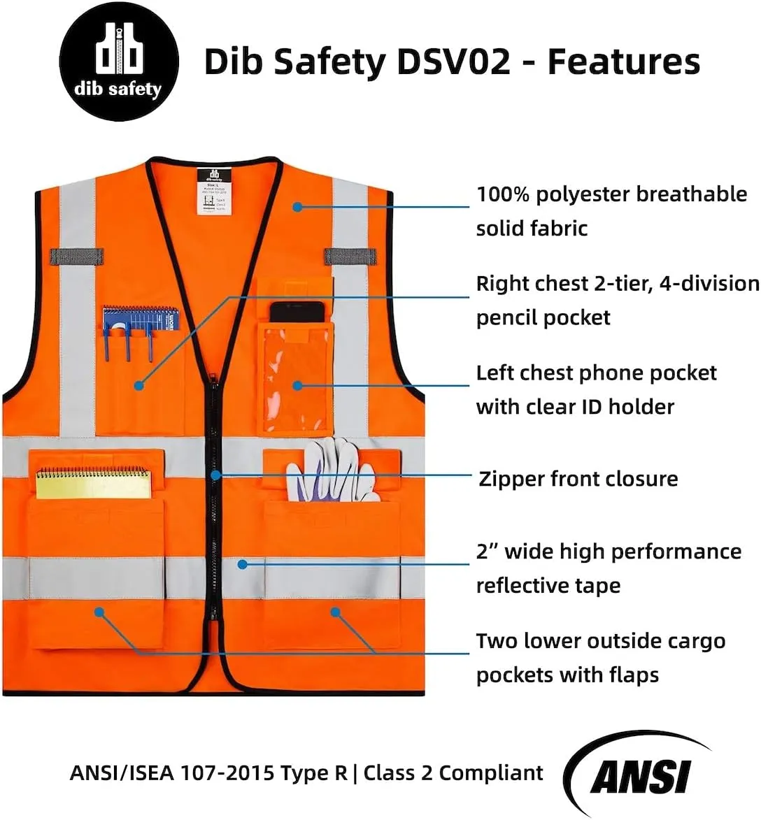 Dib Safety Vest Reflective ANSI Class 2, High Visibility Vest with Pockets and Zipper, Construction Work Vest Hi Vis Orange M