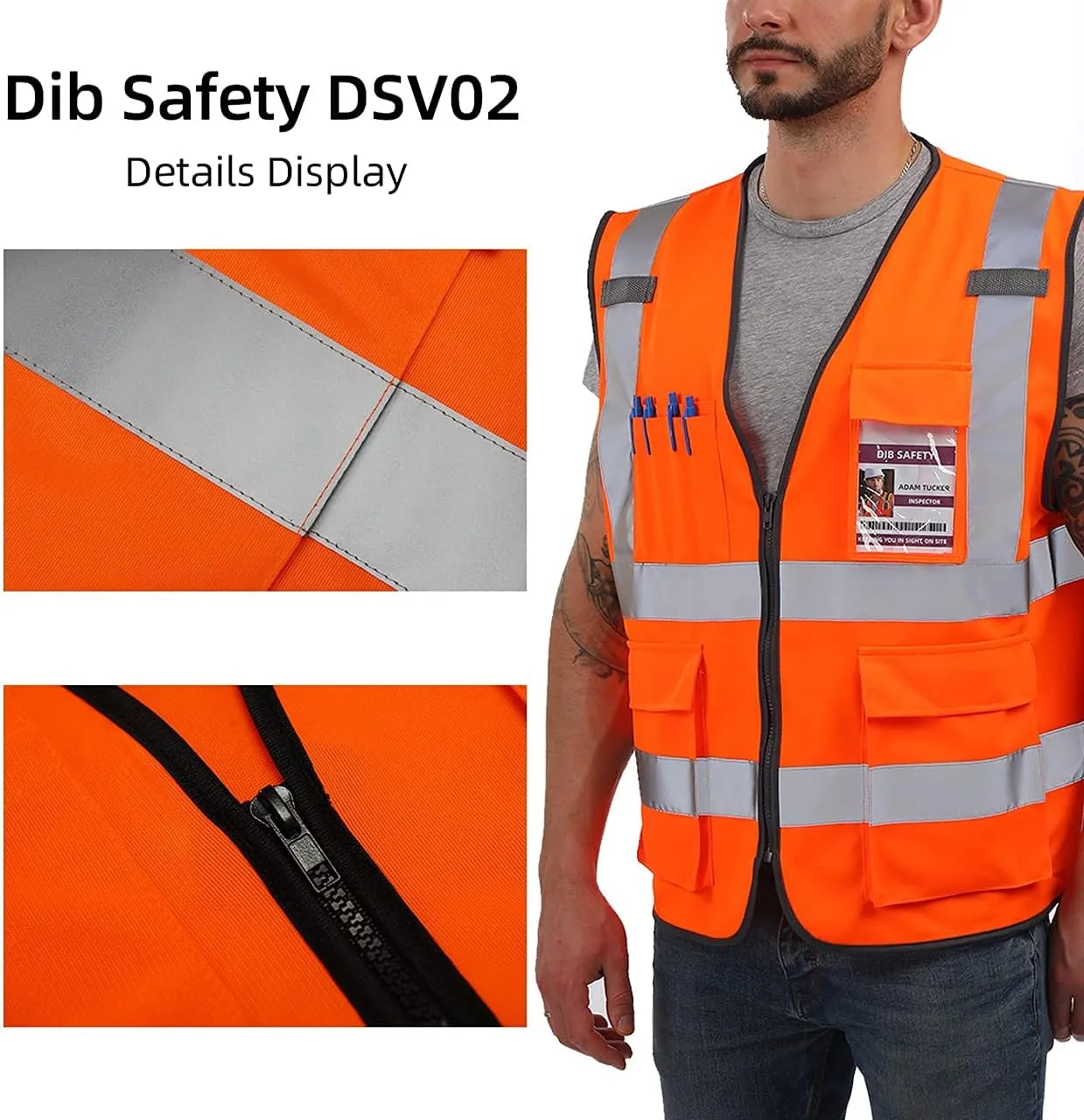 Dib Safety Vest Reflective ANSI Class 2, High Visibility Vest with Pockets and Zipper, Construction Work Vest Hi Vis Orange M