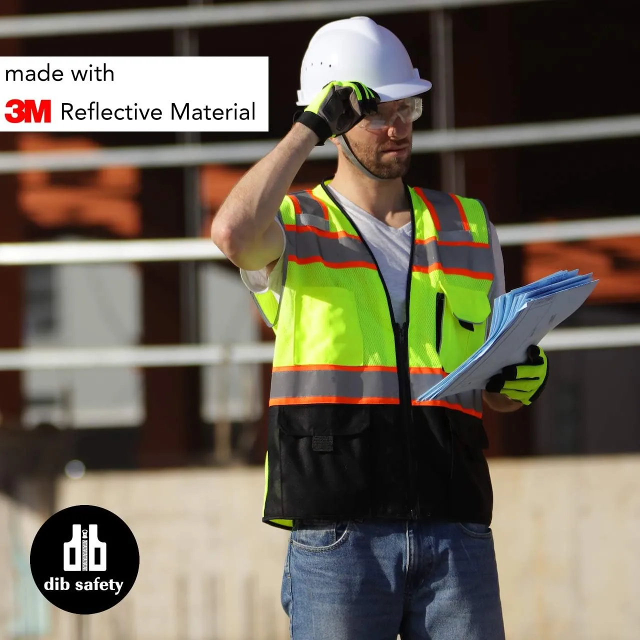 Dib Safety Vest Reflective with Pockets and Zipper, High Visibility Mesh ANSI Class 2, Made with 3M Reflective Tape, Yellow and Black Small