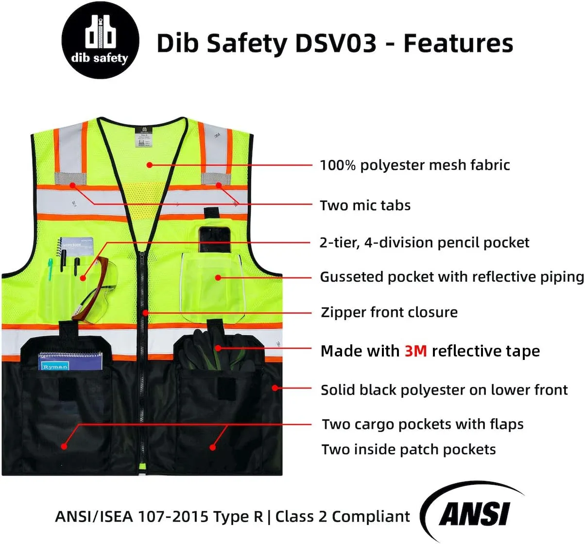 Dib Safety Vest Reflective with Pockets and Zipper, High Visibility Mesh ANSI Class 2, Made with 3M Reflective Tape, Yellow and Black Small