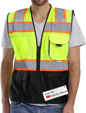 Dib Safety Vest Reflective with Pockets and Zipper, High Visibility Mesh ANSI Class 2, Made with 3M Reflective Tape, Yellow and Black Small
