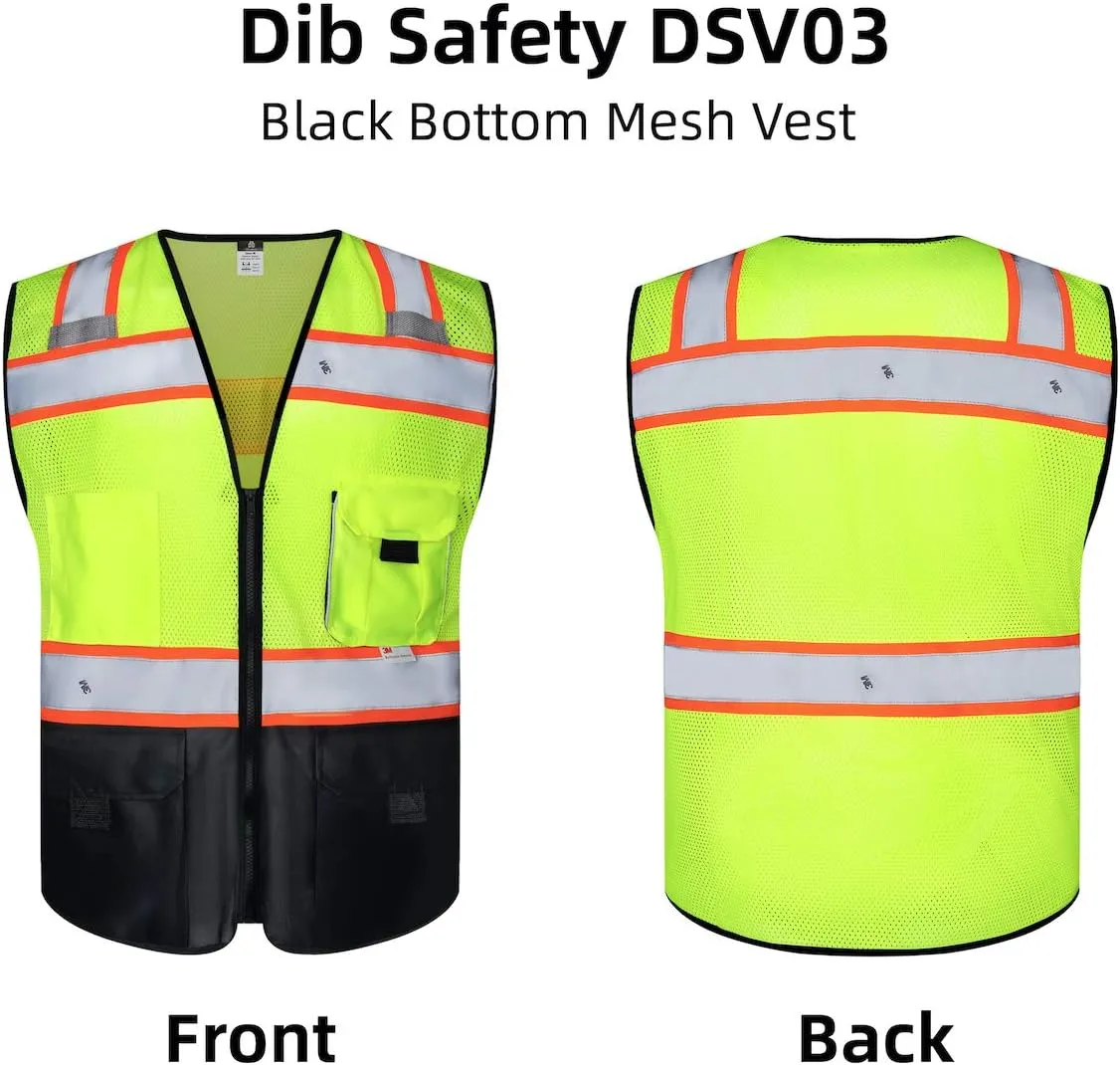 Dib Safety Vest Reflective with Pockets and Zipper, High Visibility Mesh ANSI Class 2, Made with 3M Reflective Tape, Yellow and Black Small
