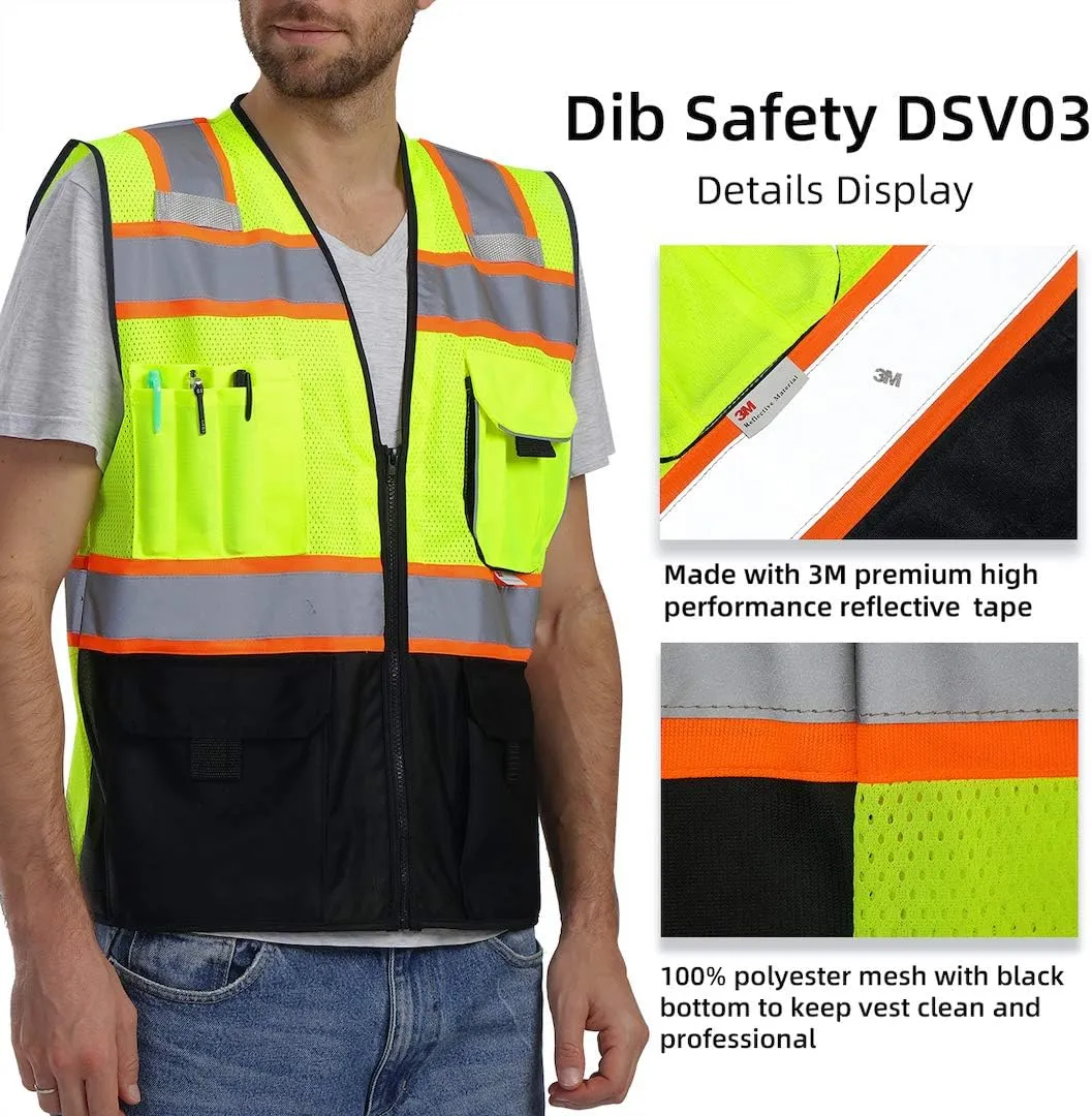 Dib Safety Vest Reflective with Pockets and Zipper, High Visibility Mesh ANSI Class 2, Made with 3M Reflective Tape, Yellow and Black Small