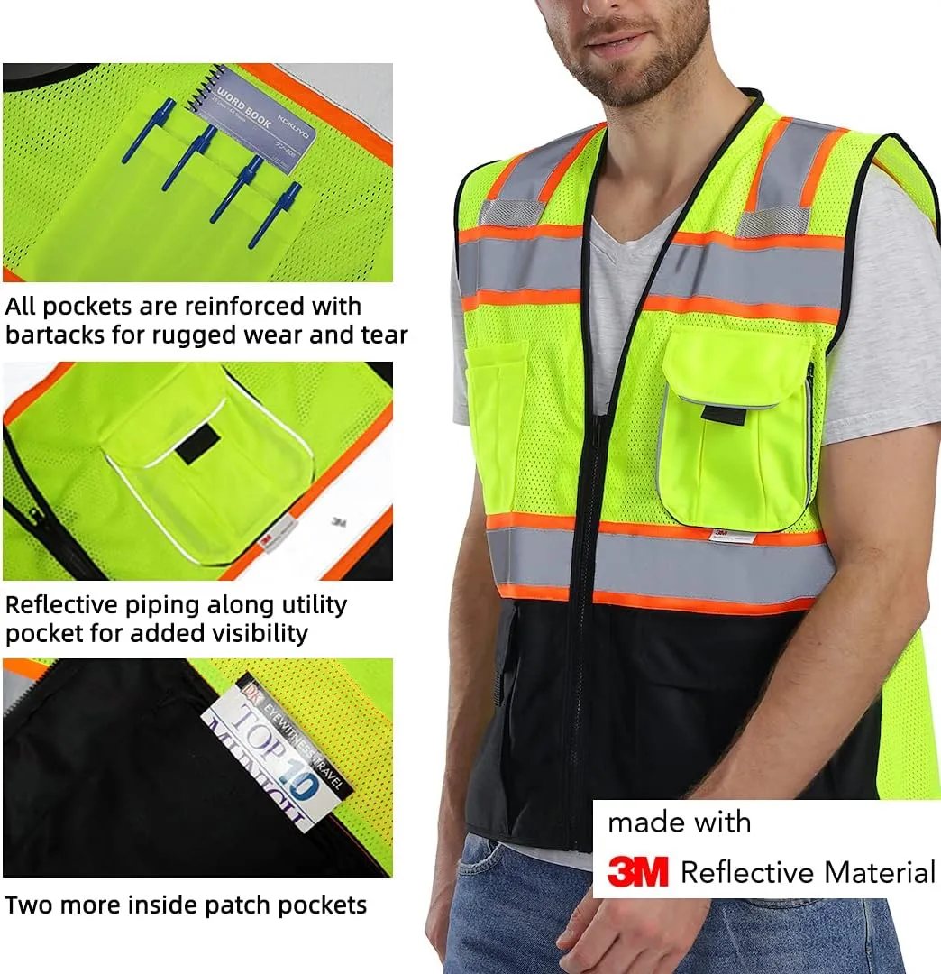 Dib Safety Vest Reflective with Pockets and Zipper, High Visibility Mesh ANSI Class 2, Made with 3M Reflective Tape, Yellow and Black Small