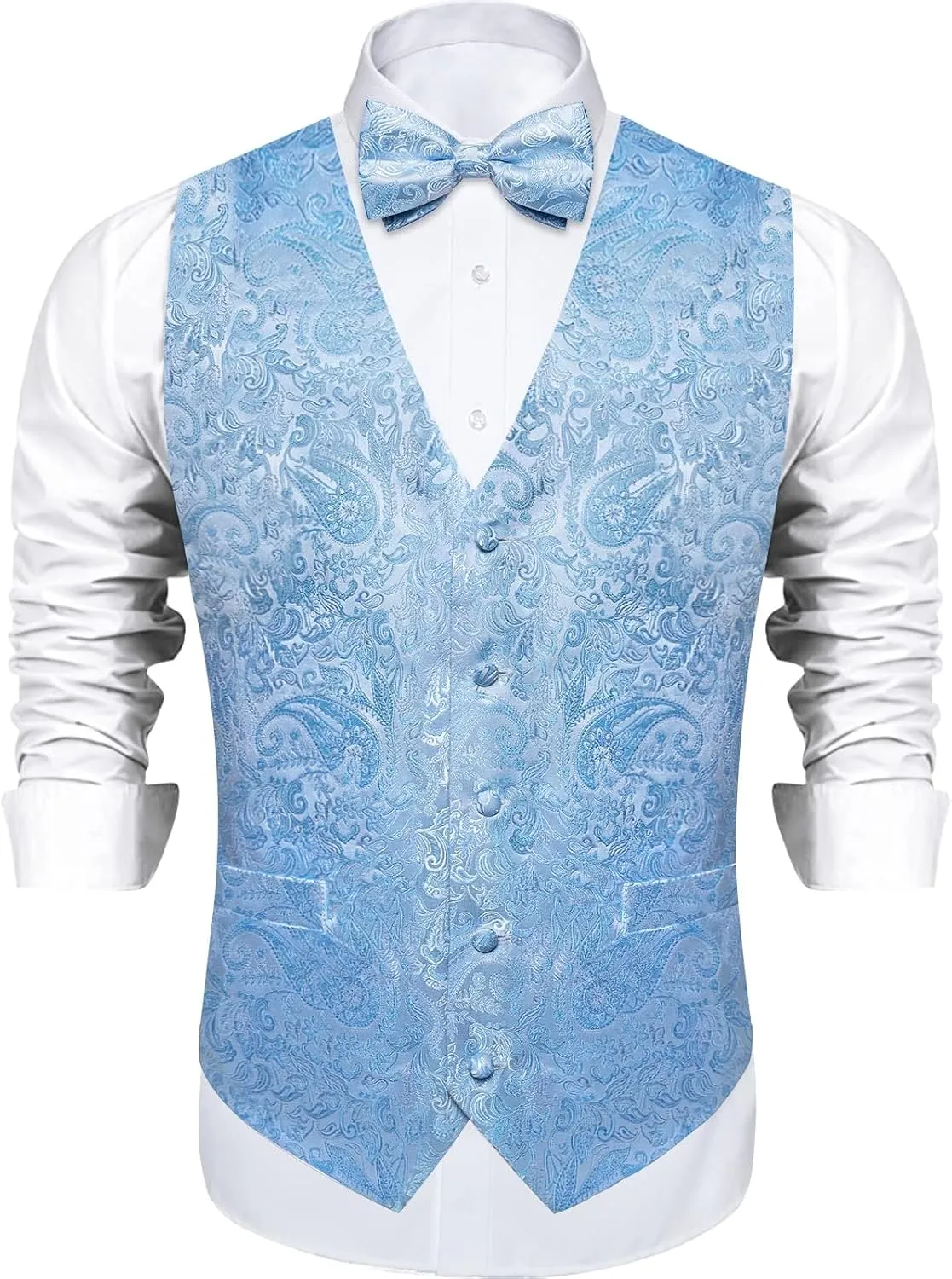 DiBanGu Mens Paisley Suit Waistcoat,Silk Dress Vest and Bowtie Pocket Square Cufflinks with Lapel Pin Set for Wedding Tuxedo