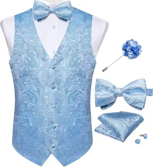 DiBanGu Mens Paisley Suit Waistcoat,Silk Dress Vest and Bowtie Pocket Square Cufflinks with Lapel Pin Set for Wedding Tuxedo