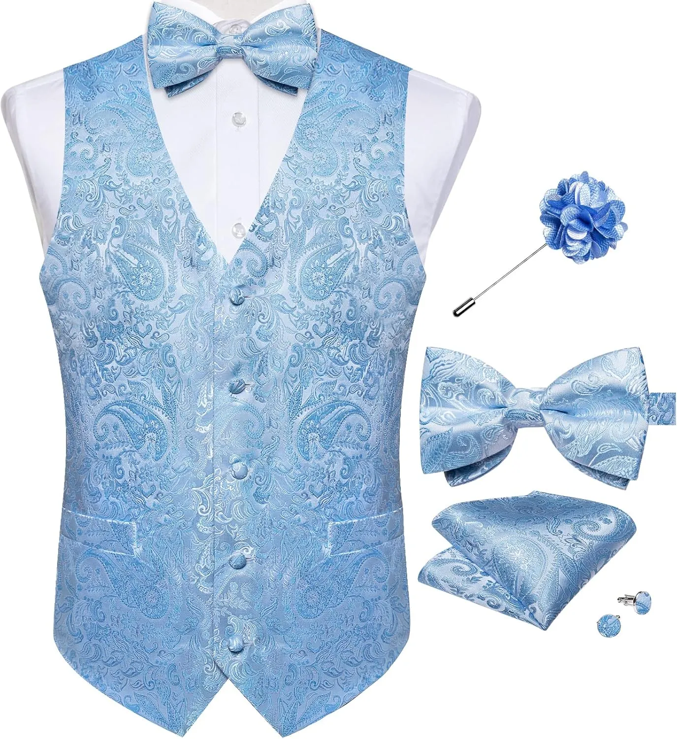 DiBanGu Mens Paisley Suit Waistcoat,Silk Dress Vest and Bowtie Pocket Square Cufflinks with Lapel Pin Set for Wedding Tuxedo