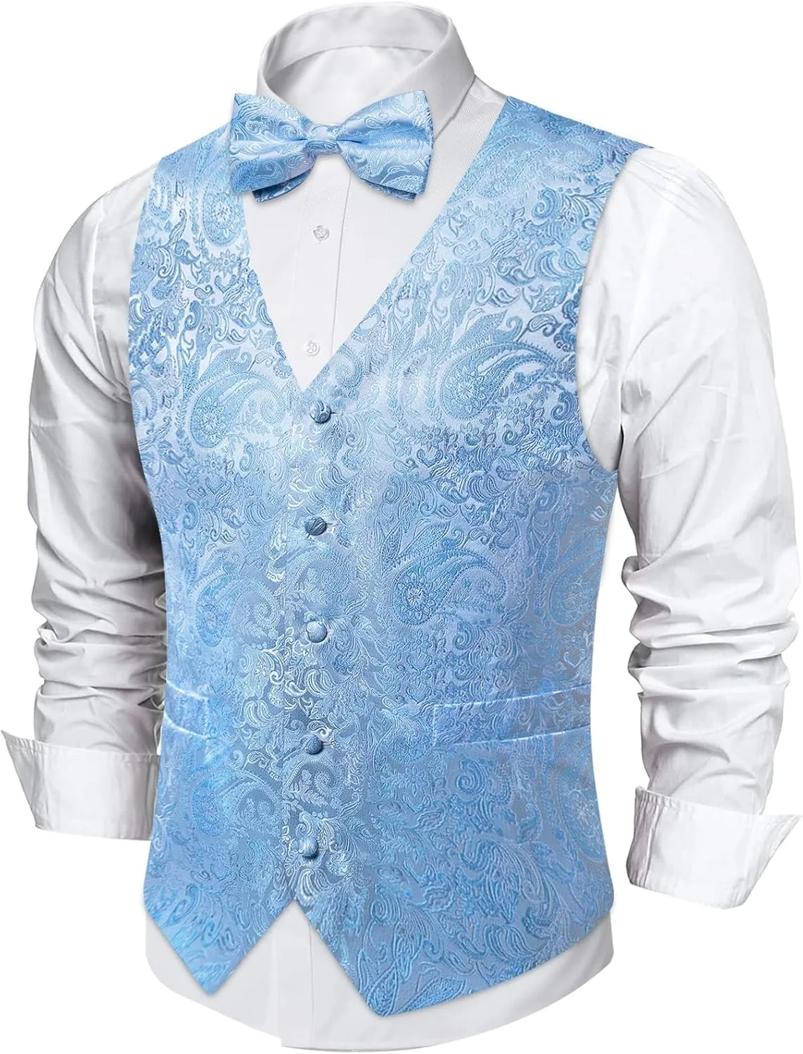 DiBanGu Mens Paisley Suit Waistcoat,Silk Dress Vest and Bowtie Pocket Square Cufflinks with Lapel Pin Set for Wedding Tuxedo