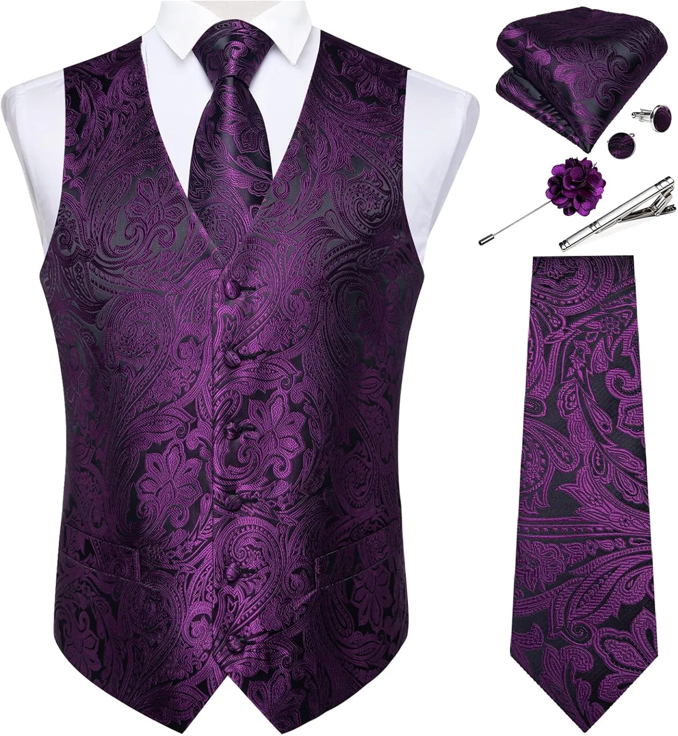DiBanGu Mens Vest and Tie Set Formal Paisley Waistcoat and Necktie Pocket Square Cufflinks Silk Suit Vest for Tuxedo Wedding