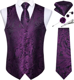 DiBanGu Mens Vest and Tie Set Formal Paisley Waistcoat and Necktie Pocket Square Cufflinks Silk Suit Vest for Tuxedo Wedding