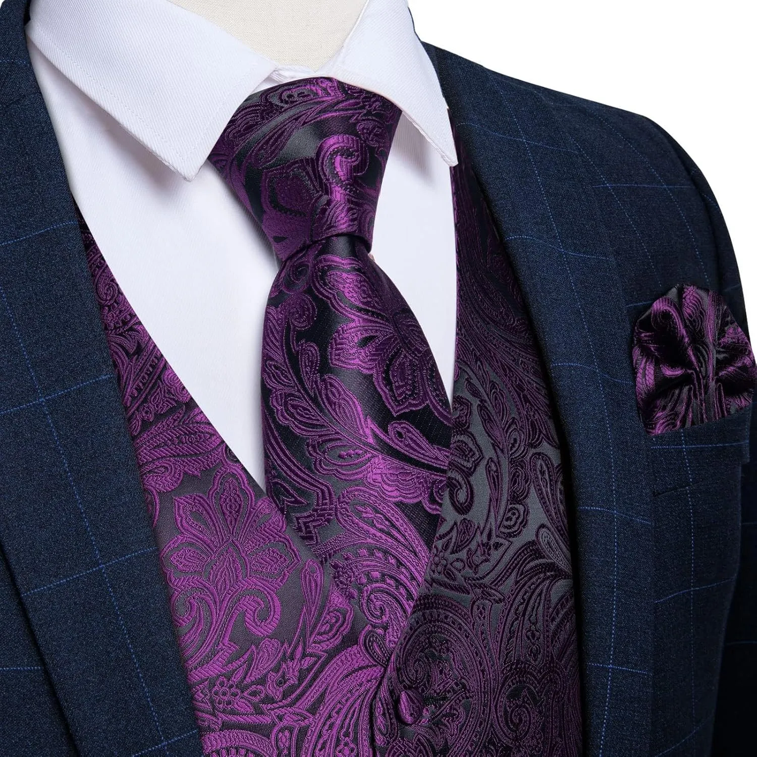 DiBanGu Mens Vest and Tie Set Formal Paisley Waistcoat and Necktie Pocket Square Cufflinks Silk Suit Vest for Tuxedo Wedding