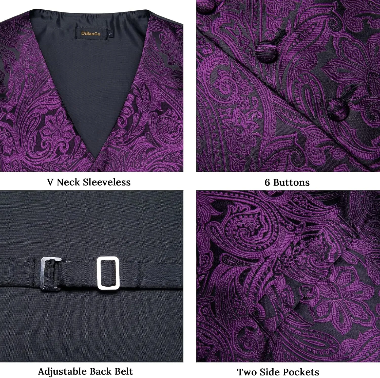 DiBanGu Mens Vest and Tie Set Formal Paisley Waistcoat and Necktie Pocket Square Cufflinks Silk Suit Vest for Tuxedo Wedding