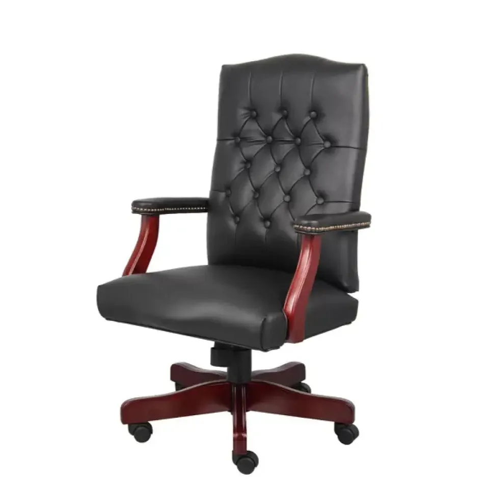 Director office Chair Tufted Design Made in Solid wood with Leatherette Upholstery & Armrest with Height Adjustable Chair - Black