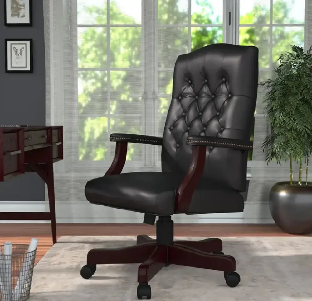 Director office Chair Tufted Design Made in Solid wood with Leatherette Upholstery & Armrest with Height Adjustable Chair - Black