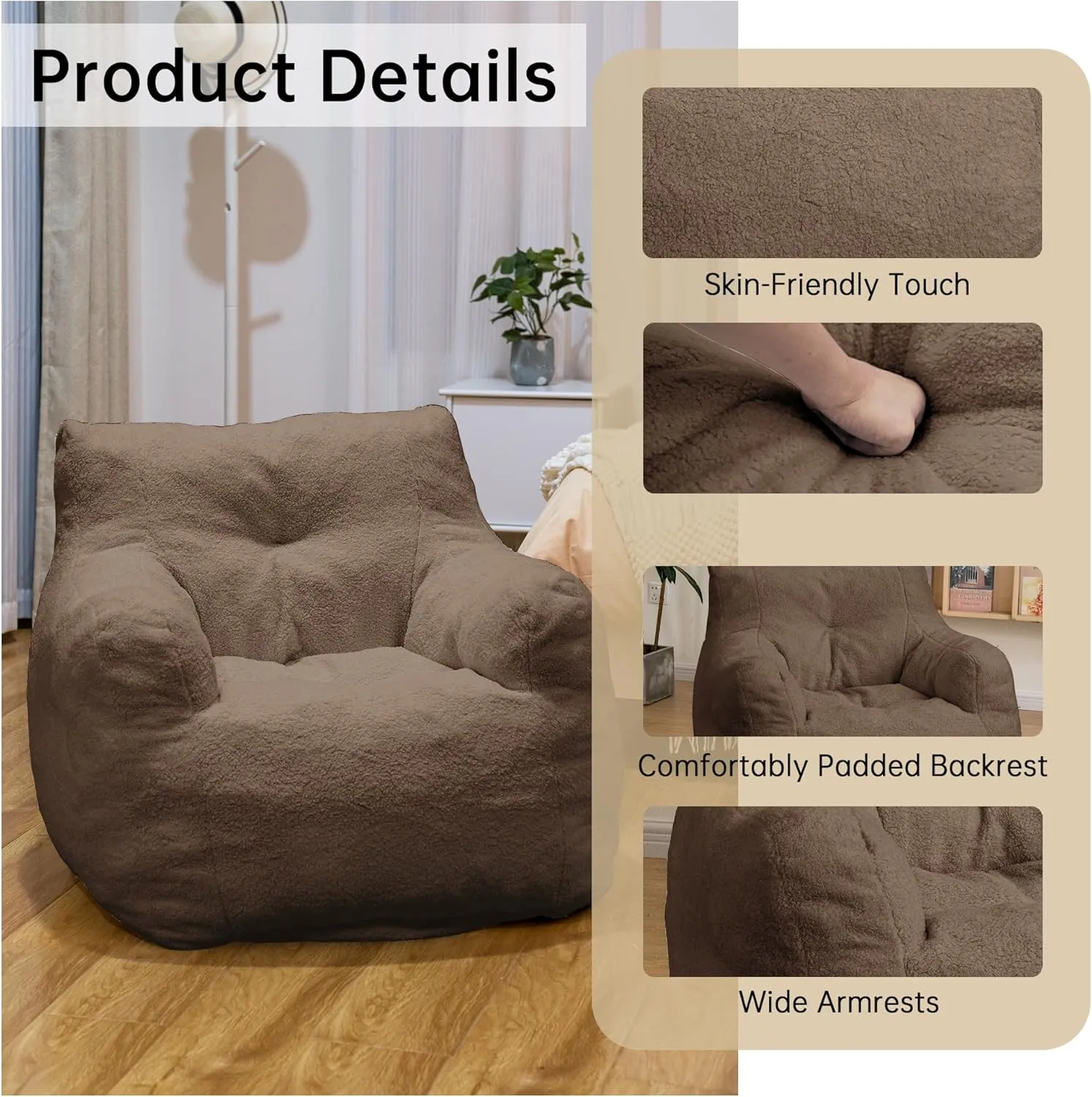DKLGG Bean Bag Chair with Filler, Tufted Bean Bag Sofa, Fluffy Sherpa and Lazy Couch, Comfy Cozy BeanBag Chairs with Memory Foam for Living Room, Bedroom, Apartment (Brown)
