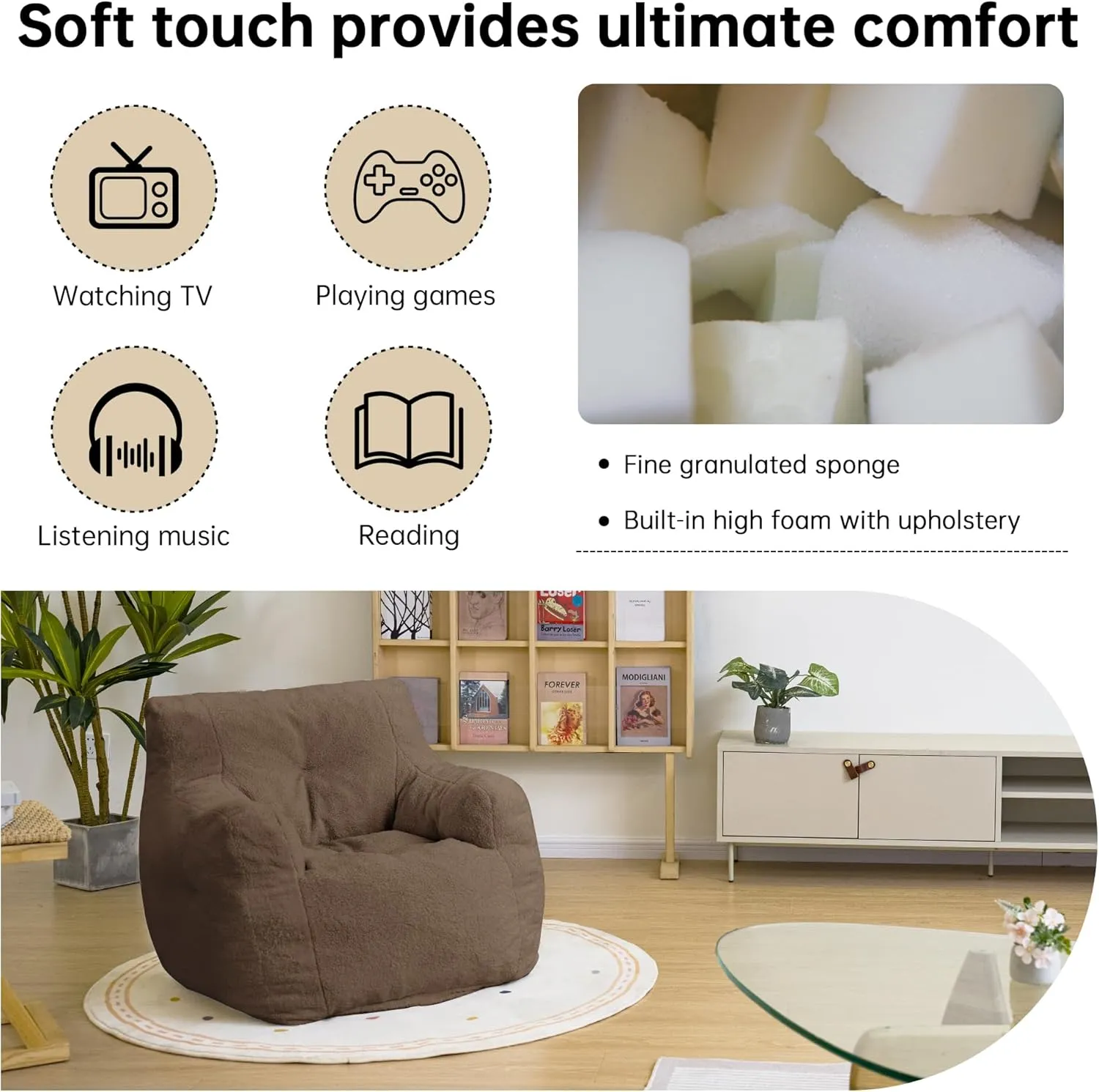 DKLGG Bean Bag Chair with Filler, Tufted Bean Bag Sofa, Fluffy Sherpa and Lazy Couch, Comfy Cozy BeanBag Chairs with Memory Foam for Living Room, Bedroom, Apartment (Brown)