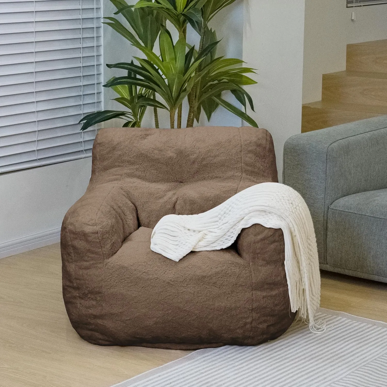 DKLGG Bean Bag Chair with Filler, Tufted Bean Bag Sofa, Fluffy Sherpa and Lazy Couch, Comfy Cozy BeanBag Chairs with Memory Foam for Living Room, Bedroom, Apartment (Brown)
