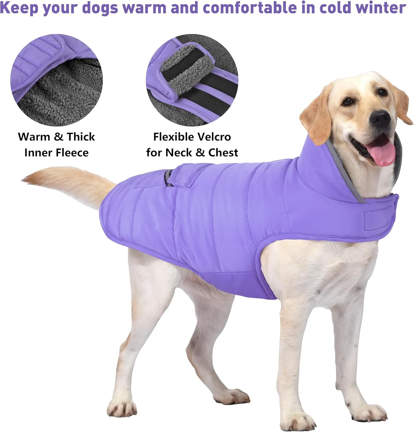 Dog Coat - Waterproof Winter Jacket with Pocket, Reflective Adjustable Snow Vest, Warm Cozy Fleece Sweater for Small to Extra Large Dogs - Light Purple, XS