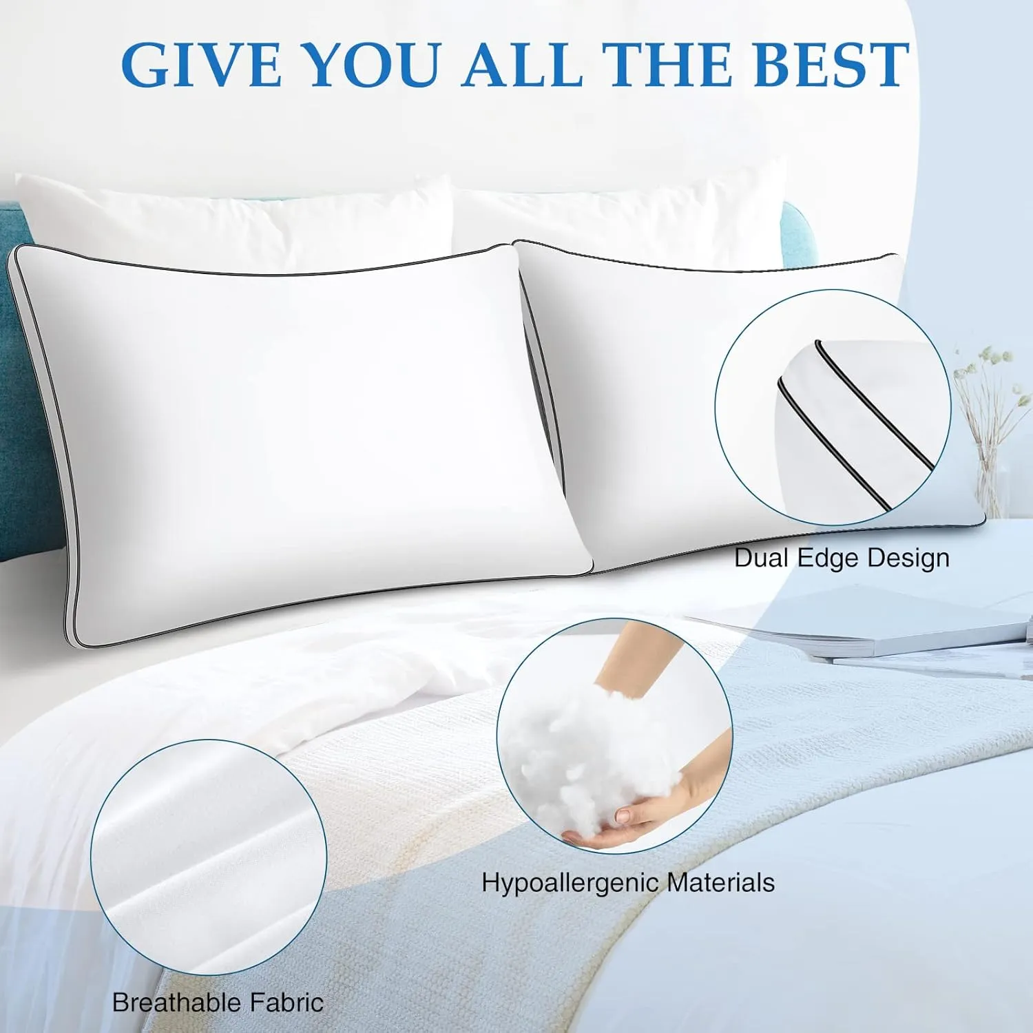 DolceLuna Pillows Queen Size Set of 2, Bed Pillows for Sleeping 2 Pack, Queen Pillows Down Alternative Hotel Luxury Pillow for Side and Back Sleepers, Soft & Comfortable