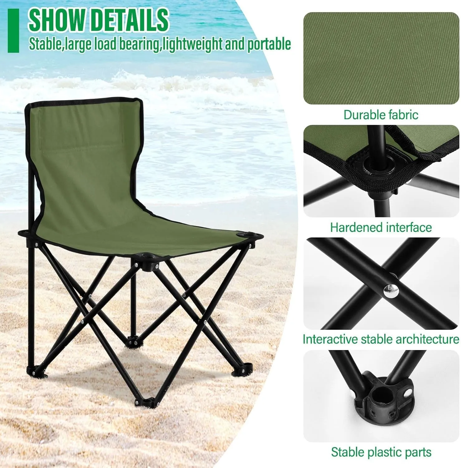 DOMIKING Dark Green Kids' Portable Camping Chairs for Outdoor Beach Chairs with Carry Bag Folding Chair for Hiking Travel Camping
