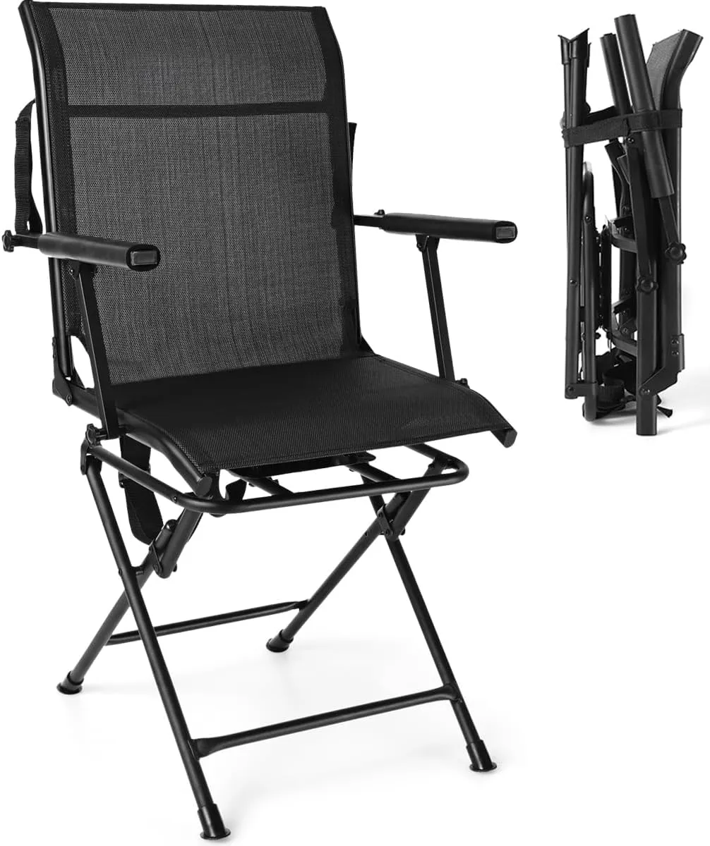 DORTALA 360 Degree Swivel Hunting Blind Chair, Portable Swivel Blind Stool w/Armrest, Sturdy Metal Frame, Mesh Back, Ground Hunting Blind Chair for Adults, Great for Outdoor, Hunting, Camping, Black