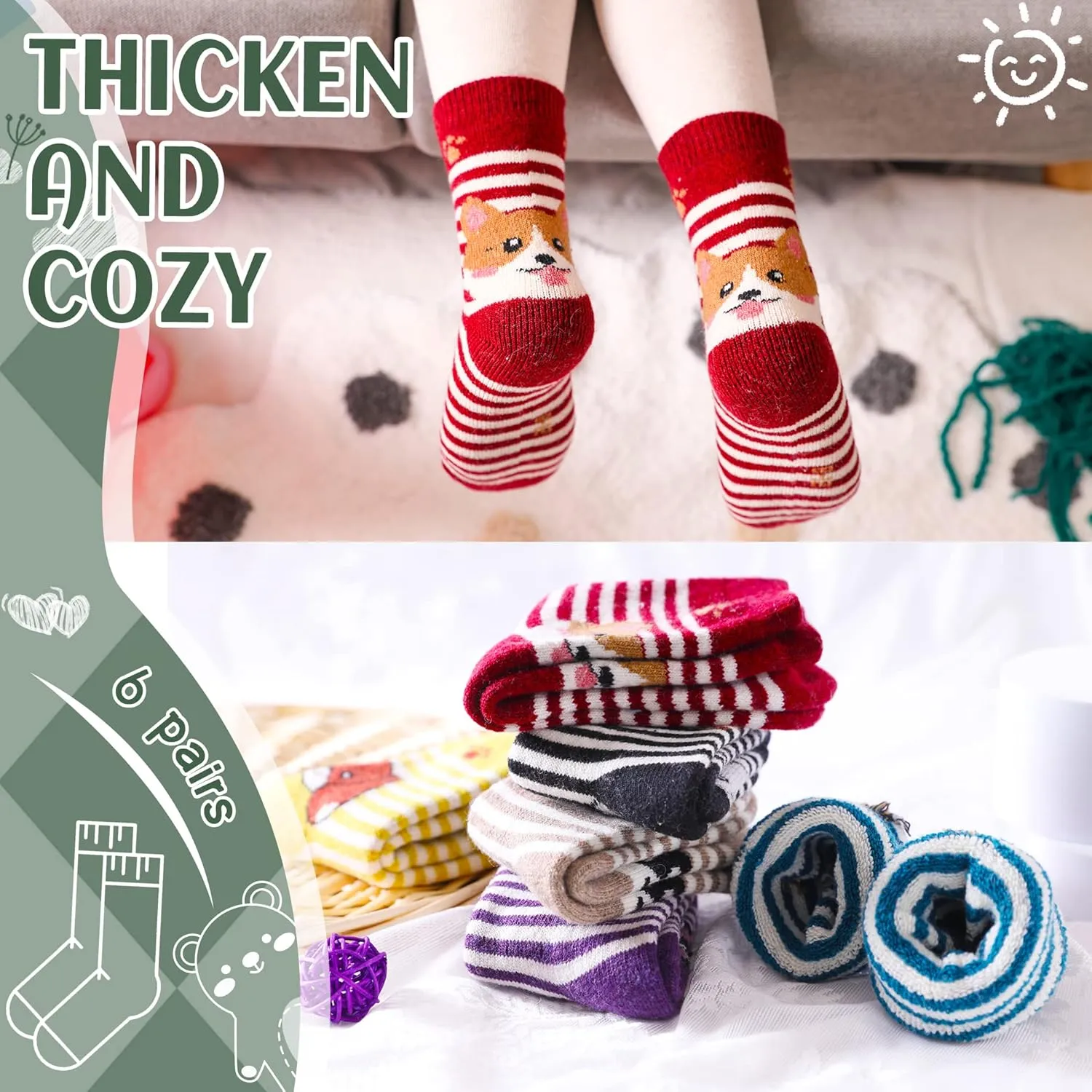 DoSmart Children's Winter Warm Wool Solid Color Socks Kids Boy Girls Hiking Thermal Boot Crew Socks 6 Pairs