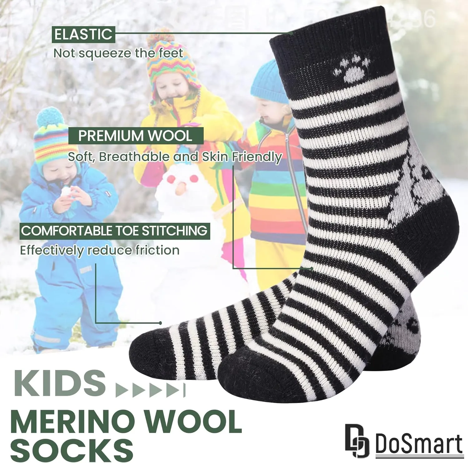DoSmart Children's Winter Warm Wool Solid Color Socks Kids Boy Girls Hiking Thermal Boot Crew Socks 6 Pairs