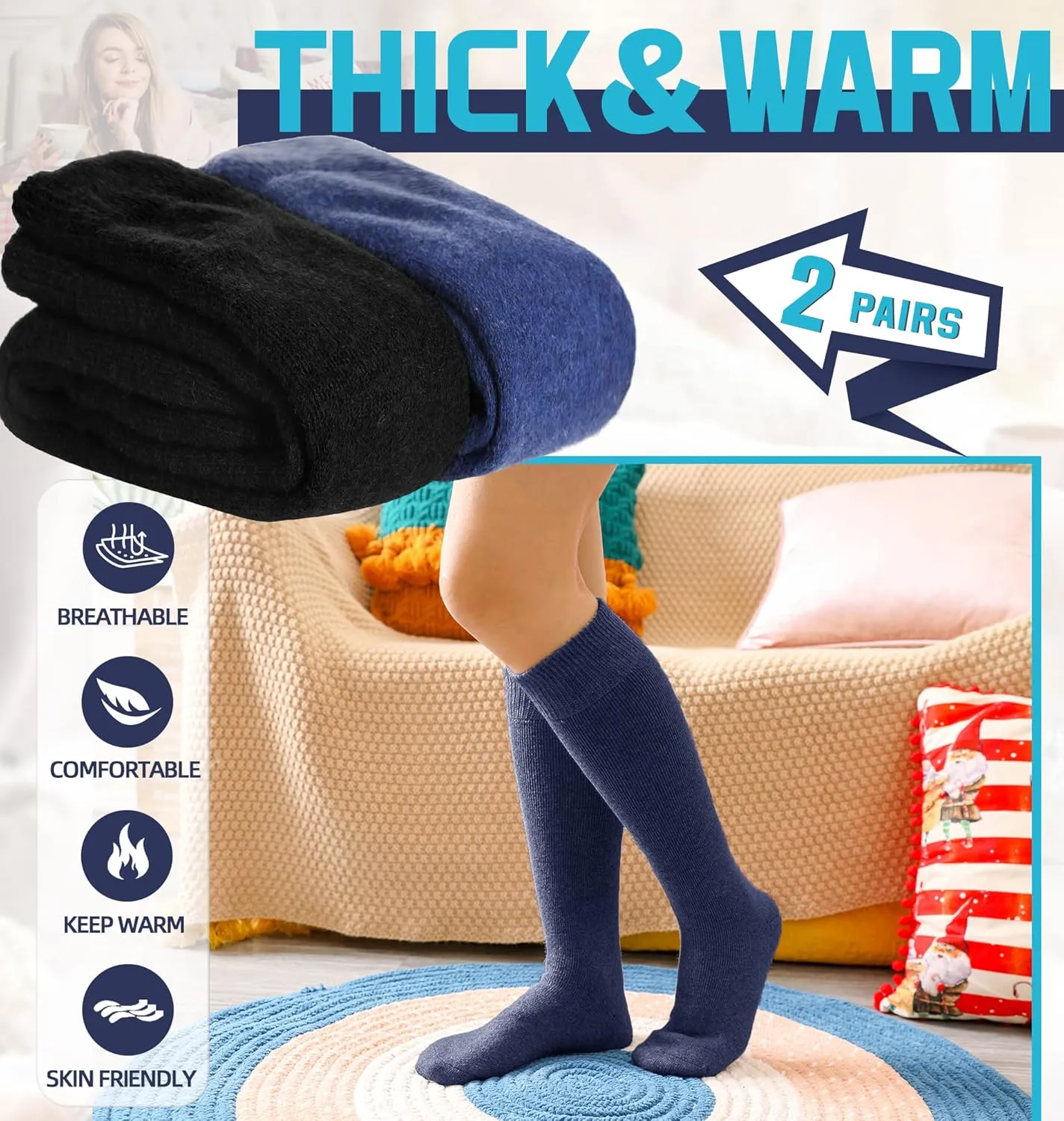 DoSmart Womens Winter Warm Knee High Socks Ladies Wool Cozy Thick Hiking Skiing Comfy Thermal Boot Long Socks 2 Pairs