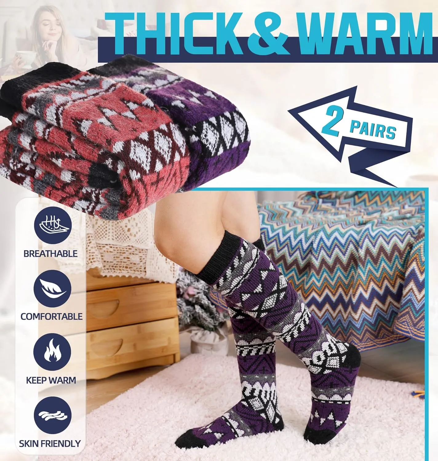 DoSmart Womens Winter Warm Knee High Socks Ladies Wool Cozy Thick Hiking Skiing Comfy Thermal Boot Long Socks 2 Pairs