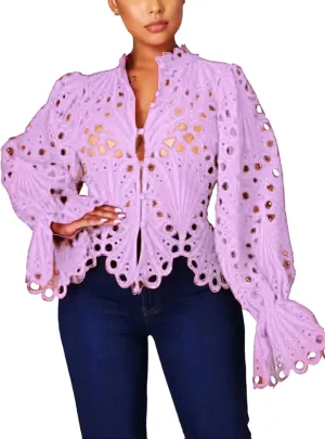 Doweha Women’s Sexy Ruffle Long Sleeve Summer Lace Tops 2025 Puff Flare Shirt V Neck Hollow Out Button Down Tunic Blouses