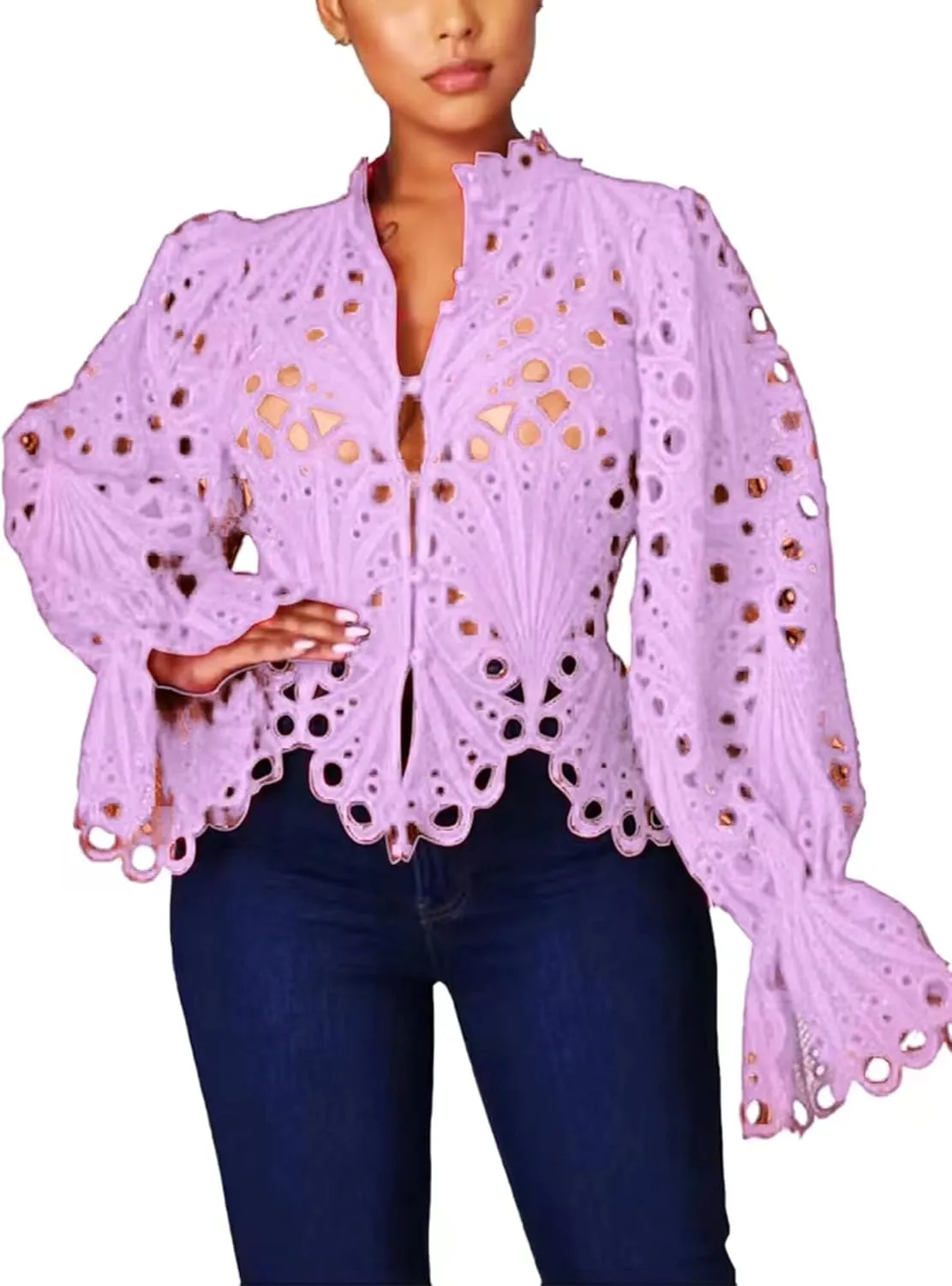 Doweha Women’s Sexy Ruffle Long Sleeve Summer Lace Tops 2025 Puff Flare Shirt V Neck Hollow Out Button Down Tunic Blouses