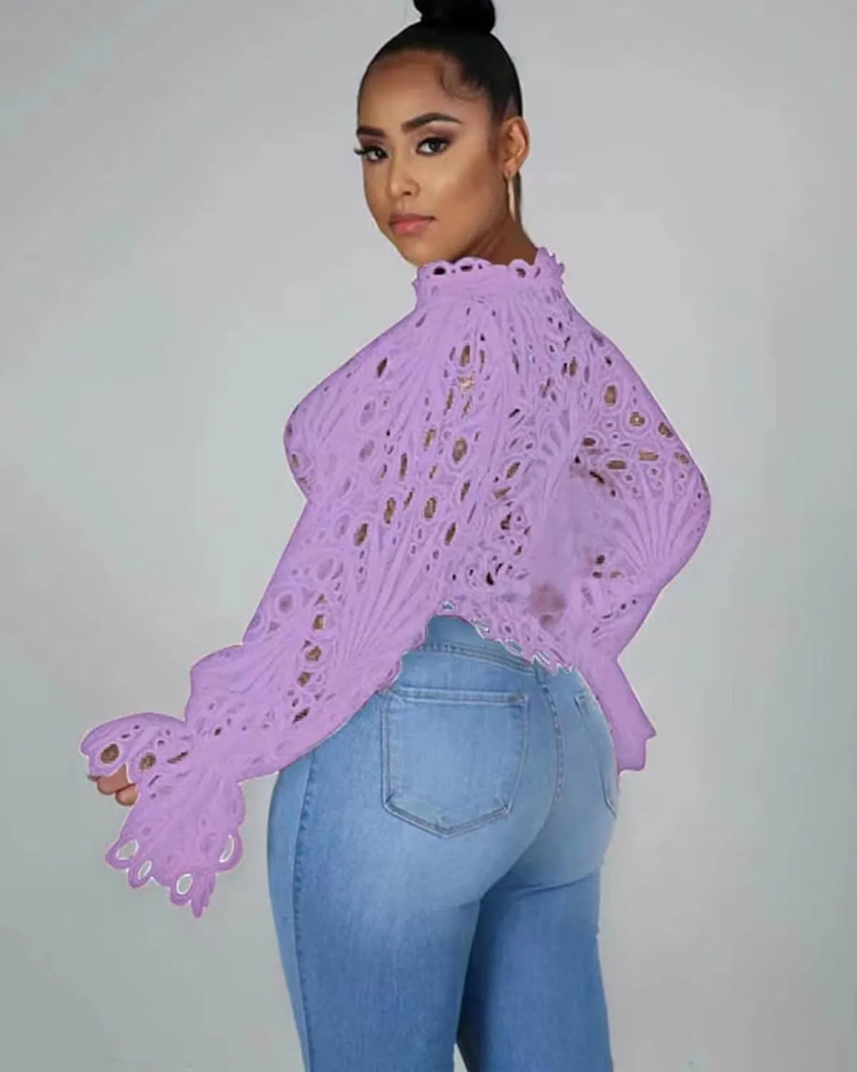 Doweha Women’s Sexy Ruffle Long Sleeve Summer Lace Tops 2025 Puff Flare Shirt V Neck Hollow Out Button Down Tunic Blouses