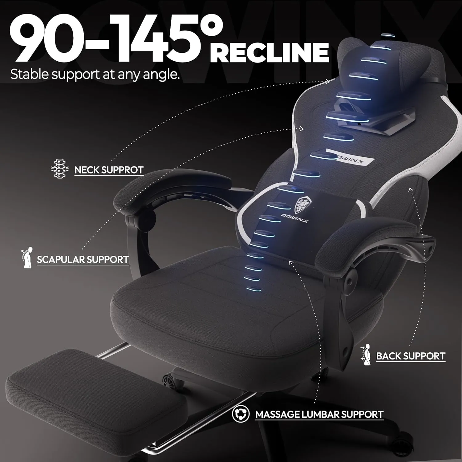 Dowinx Fabric Gaming Chair with Footrest,Big and Tall Game Chair for Heavy People, Gamer Chair with Massage Lumbar Support,Ergonomic Computer Gaming Chair for 200lbs (Fabric,Black)