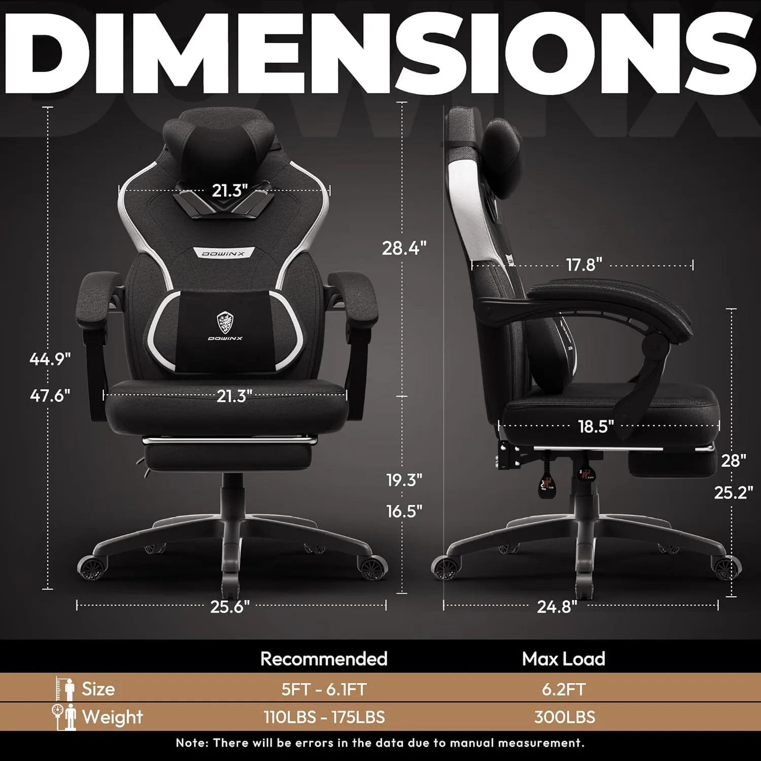 Dowinx Fabric Gaming Chair with Footrest,Big and Tall Game Chair for Heavy People, Gamer Chair with Massage Lumbar Support,Ergonomic Computer Gaming Chair for 200lbs (Fabric,Black)
