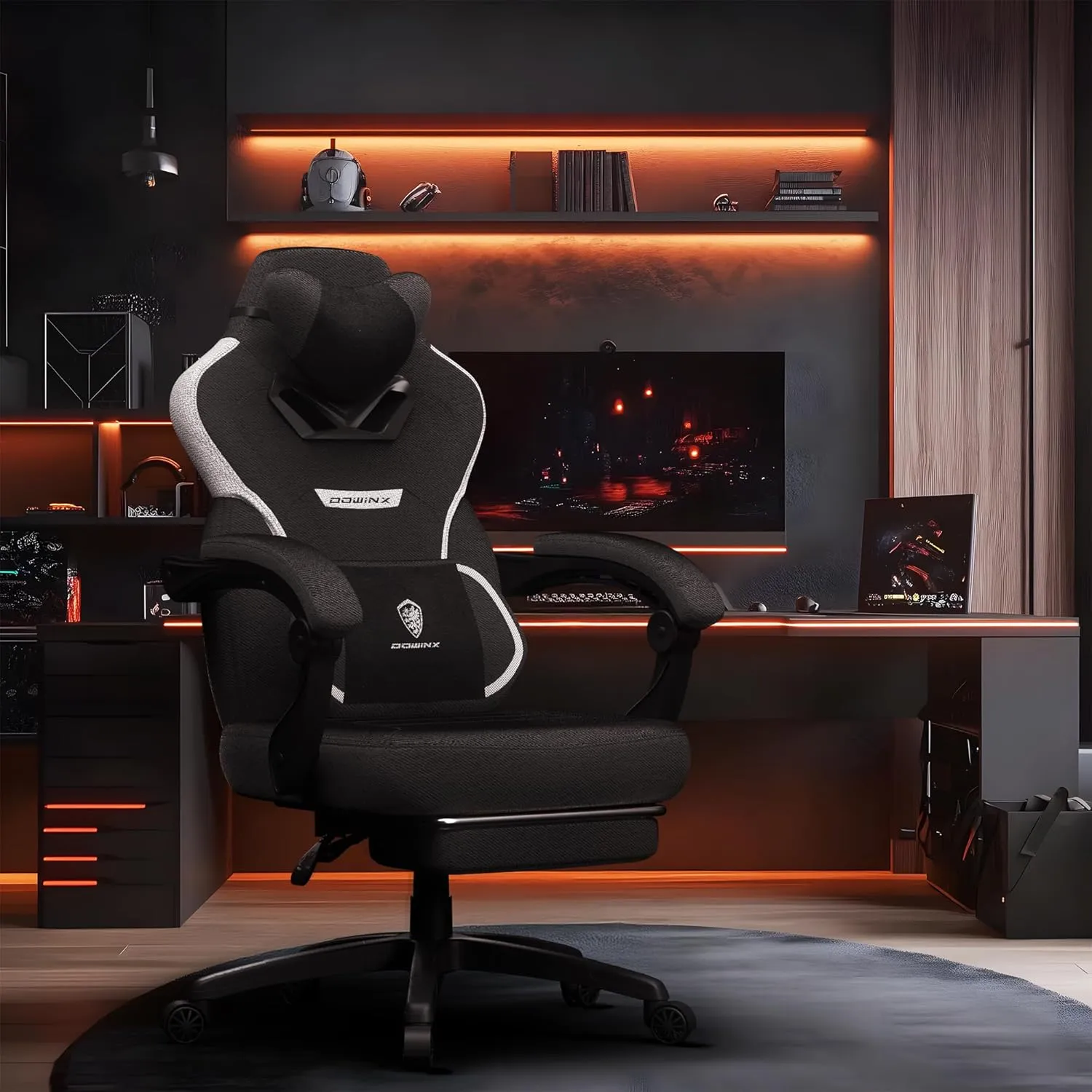 Dowinx Fabric Gaming Chair with Footrest,Big and Tall Game Chair for Heavy People, Gamer Chair with Massage Lumbar Support,Ergonomic Computer Gaming Chair for 200lbs (Fabric,Black)