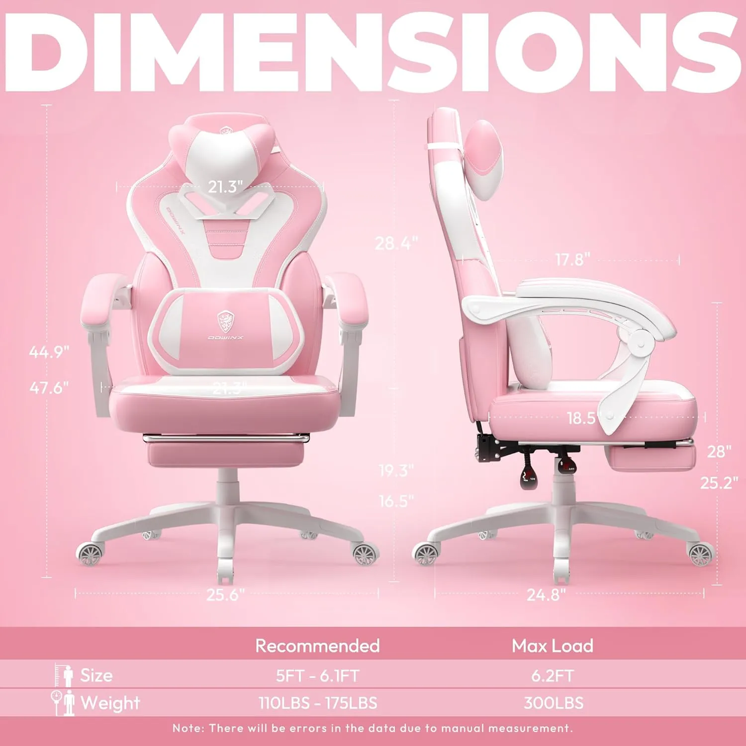 Dowinx Gaming Chair with Footrest,Big and Tall Game Chair for Heavy People, Gamer Chair with Massage Lumbar Support,Ergonomic Computer Gaming Chair for 200lbs (Pink)