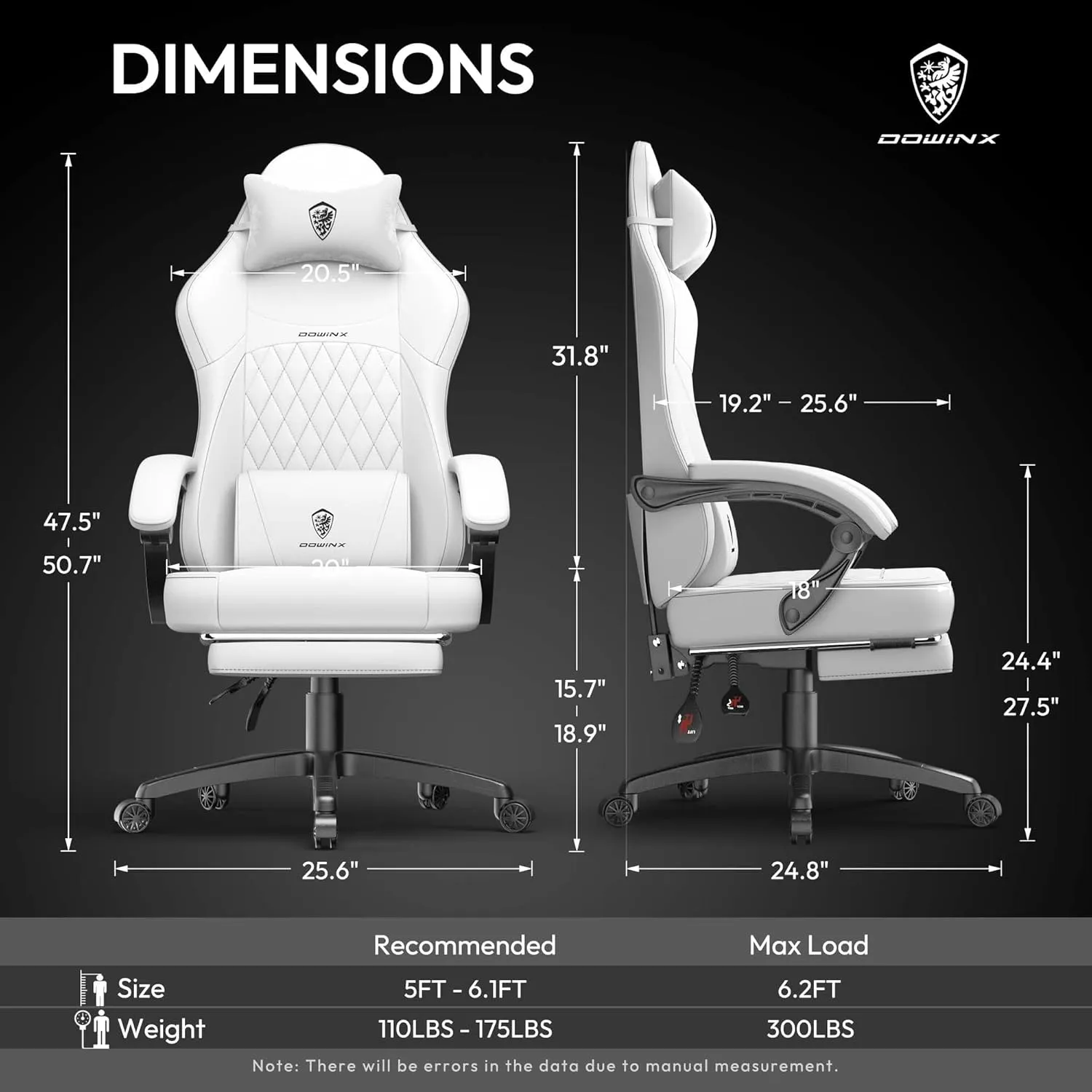 Dowinx Gaming Chair with Pocket Spring Cushion, Ergonomic Computer Chair with Massage Lumbar and Footrest for Adults, High Back Game Chair Leather for Office Gaming 300LBS, All White