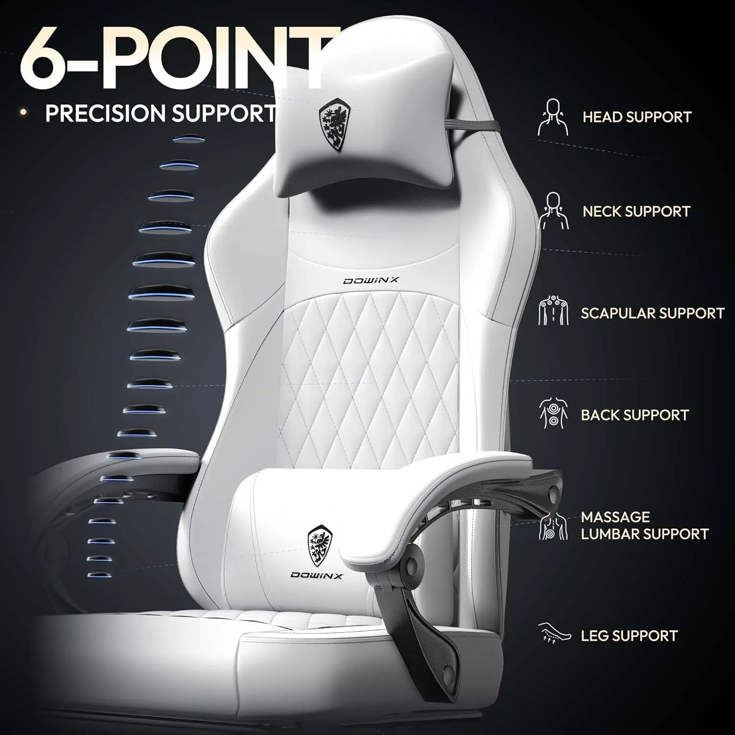Dowinx Gaming Chair with Pocket Spring Cushion, Ergonomic Computer Chair with Massage Lumbar and Footrest for Adults, High Back Game Chair Leather for Office Gaming 300LBS, All White