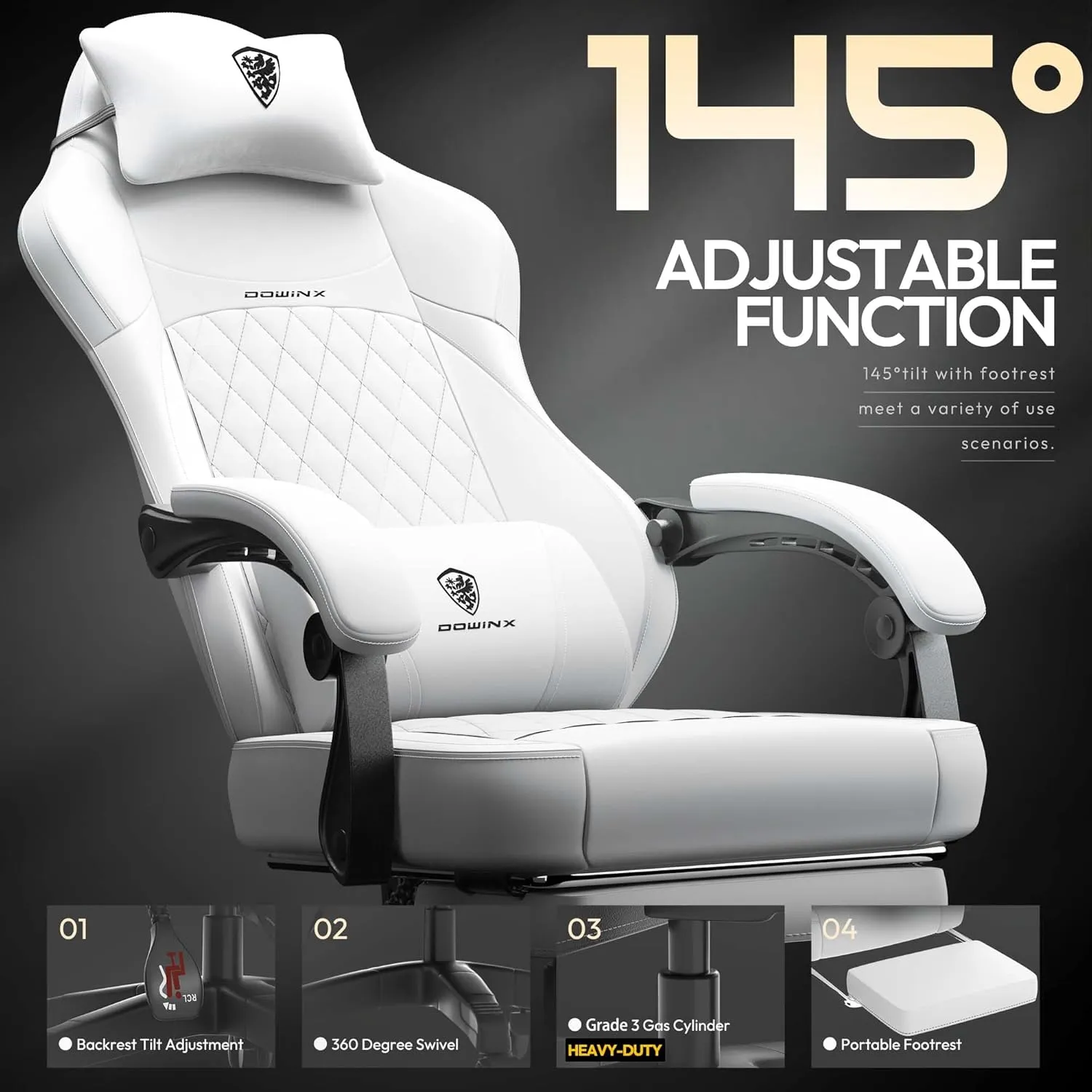 Dowinx Gaming Chair with Pocket Spring Cushion, Ergonomic Computer Chair with Massage Lumbar and Footrest for Adults, High Back Game Chair Leather for Office Gaming 300LBS, All White