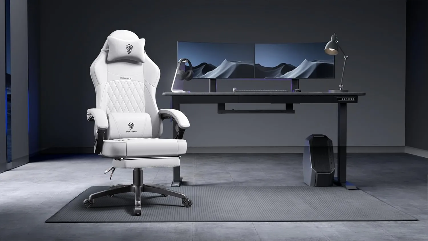 Dowinx Gaming Chair with Pocket Spring Cushion, Ergonomic Computer Chair with Massage Lumbar and Footrest for Adults, High Back Game Chair Leather for Office Gaming 300LBS, All White