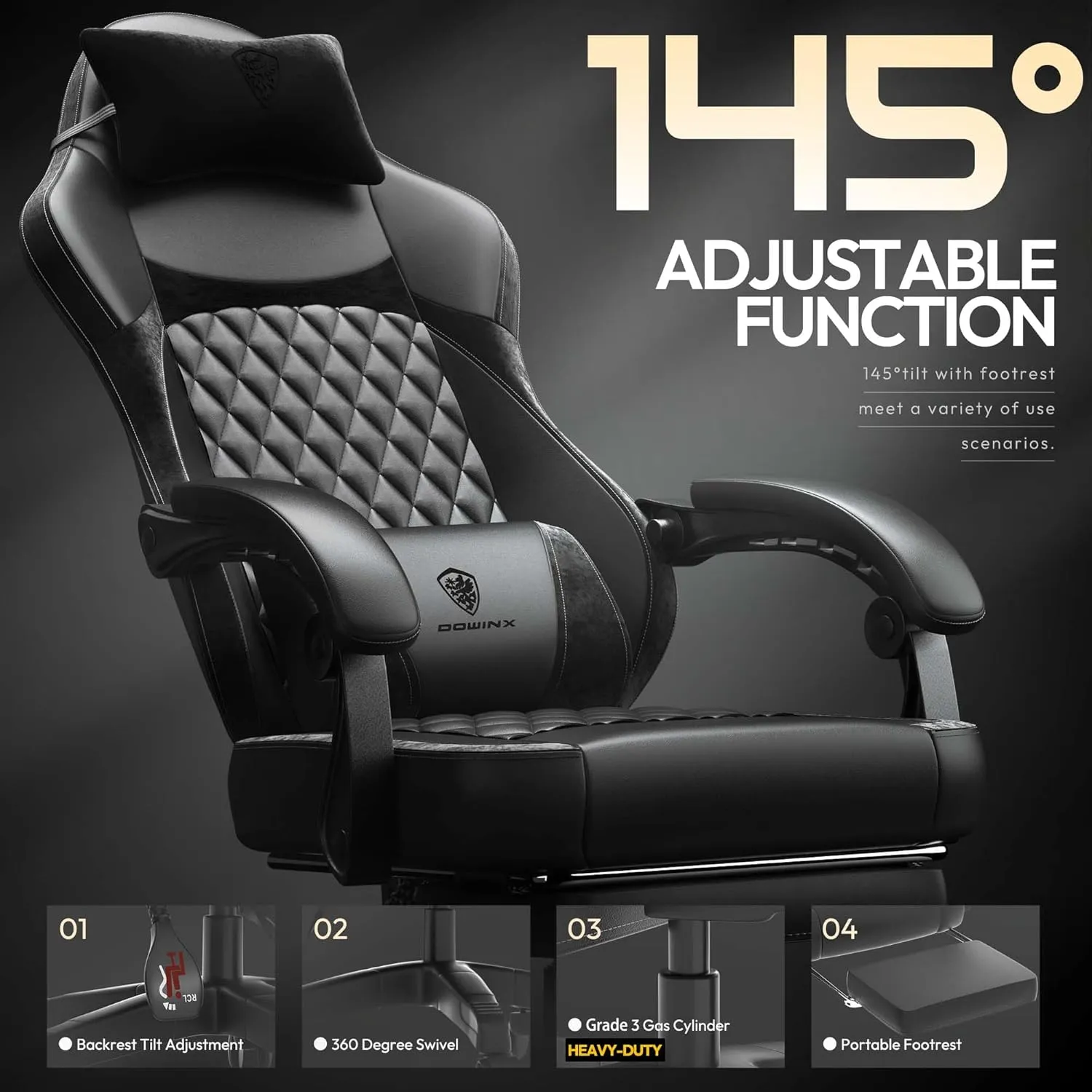 Dowinx Gaming Chair with Pocket Spring Cushion, Ergonomic Computer Chair with Massage Lumbar and Footrest for Adults, High Back Game Chair Leather for Office Gaming 300LBS, Black New