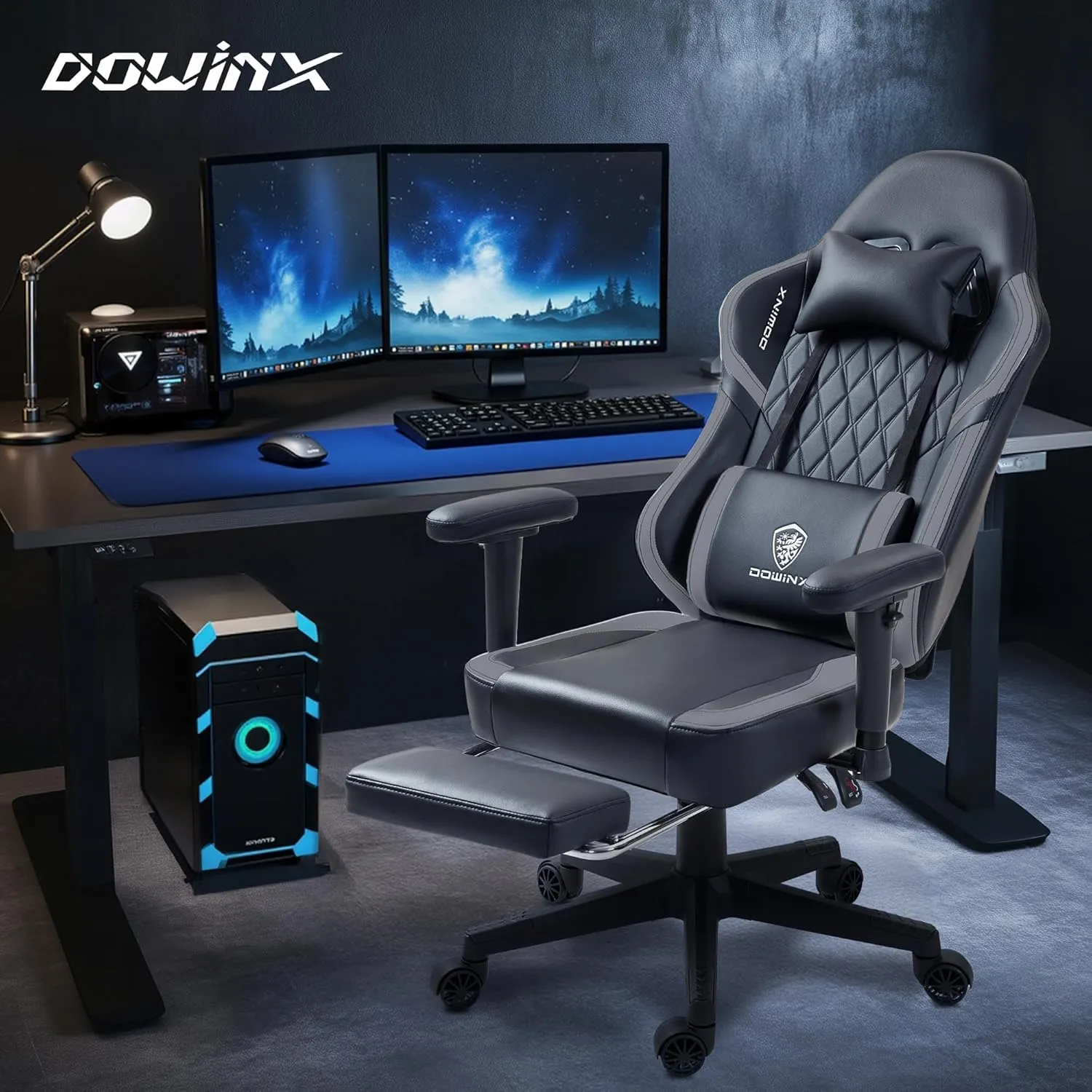 Dowinx Gaming Chair with Pocket Spring Cushion, Massage Gamer Chair Pu Leather with Lumbar Support, Ergonomic Computer Office with Footrest 300lbs for Adult, Black Grey