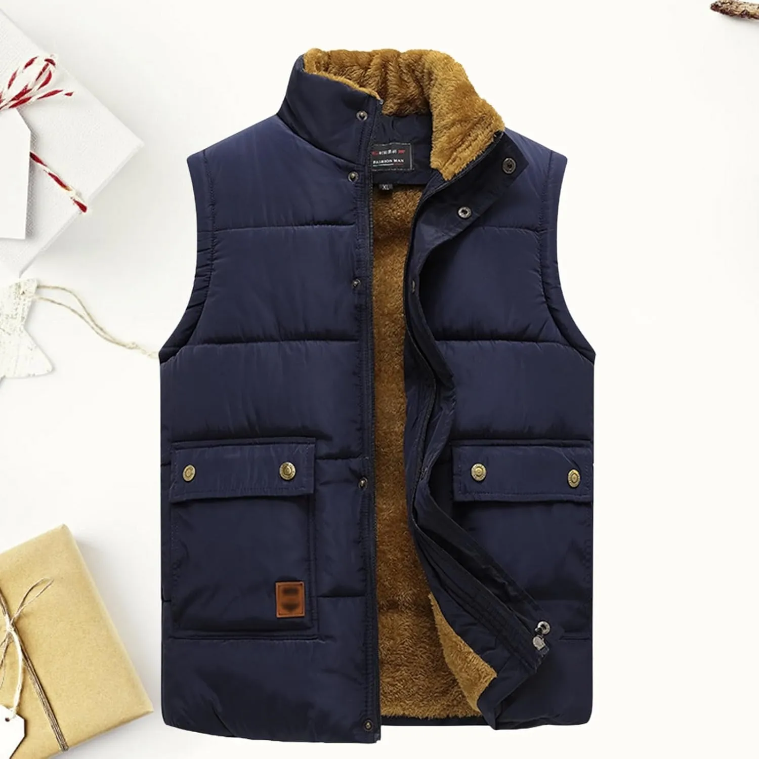 Down Vest Men with Pocket Cardigan Collar High Men's Zip Vest Men's Coats Jackets Fleece Jacket Men Mens Vest Black