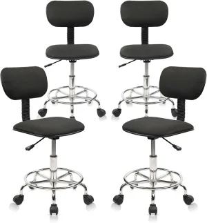 Drafting Chair Rolling Stool Adjustable Height with Back Support Foot Rest and Wheels Multi-Purpose Desk Chair for Home Office Bar Kitchen Shop, Black, 4 Pack