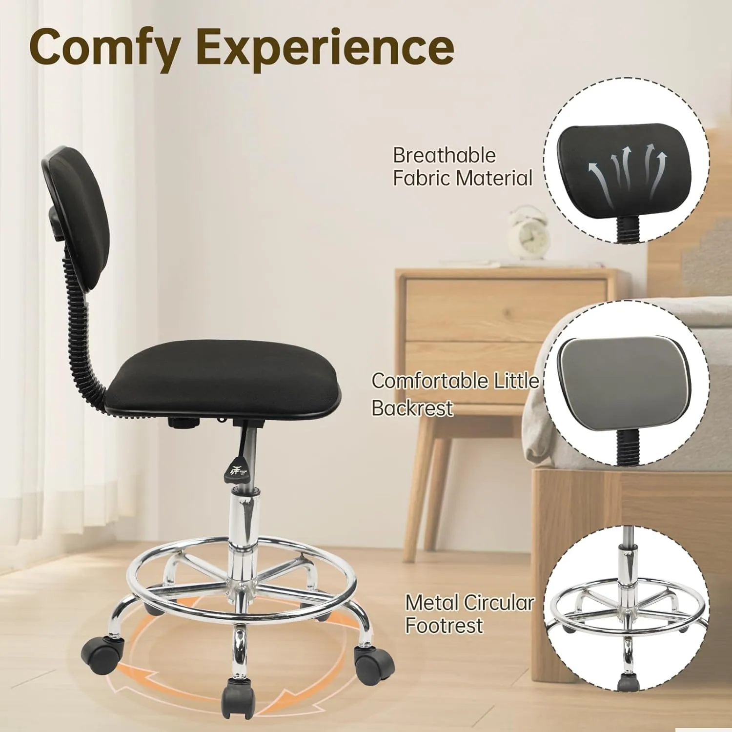 Drafting Chair Rolling Stool Adjustable Height with Back Support Foot Rest and Wheels Multi-Purpose Desk Chair for Home Office Bar Kitchen Shop, Black, 4 Pack